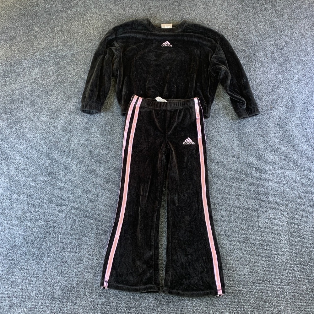 Adidas Tracksuit Set Unisex Kids 3T Black Good Velour Pullover Pants Logo